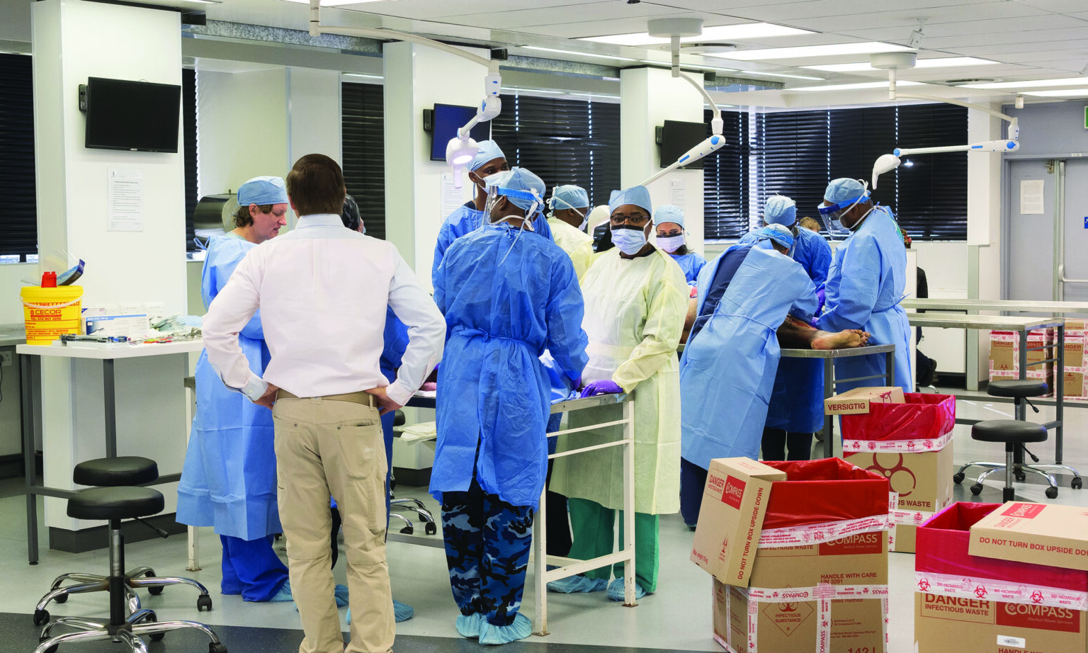 Discover cutting-edge facilities designed for ground breaking surgical training and research. Our surgical wet lab provides a dynamic environment equipped with state-of-the-art resources, catering to diverse surgical procedures across various fields like Orthopaed Skills lab Clinical skills training Medical simulation Healthcare education Health sciences Medical students Postgraduate training South Africa skills lab Medical simulators Patient mannequins Task trainers Anatomical models 3D-printed pathologies Virtual reality (VR) training SimUPWars ECG lead placement simulation Clinical skills assessment Objective Structured Clinical Examination (OSCE) Surgical skills training Nursing simulation Physiotherapy education Family medicine training Team-based learning Interdisciplinary collaboration Hands-on training Lecturers and instructors Students in lab Small group learning Interactive learning environment Collaborative training HW Snyman Building Clinical instructors Healthcare professionals ics, Trauma medicine, ENT, and more.
