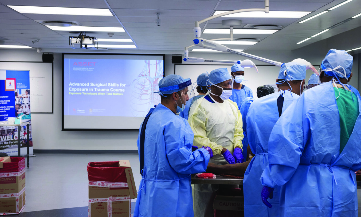 Discover cutting-edge facilities designed for ground breaking surgical training and research. Our surgical wet lab provides a dynamic environment equipped with state-of-the-art resources, catering to diverse surgical procedures across various fields like Orthopaedics, Trauma medicine, ENT, and more. Skills lab Clinical skills training Medical simulation Healthcare education Health sciences Medical students Postgraduate training South Africa skills lab Medical simulators Patient mannequins Task trainers Anatomical models 3D-printed pathologies Virtual reality (VR) training SimUPWars ECG lead placement simulation Clinical skills assessment Objective Structured Clinical Examination (OSCE) Surgical skills training Nursing simulation Physiotherapy education Family medicine training Team-based learning Interdisciplinary collaboration Hands-on training Lecturers and instructors Students in lab Small group learning Interactive learning environment Collaborative training HW Snyman Building Clinical instructors Healthcare professionals